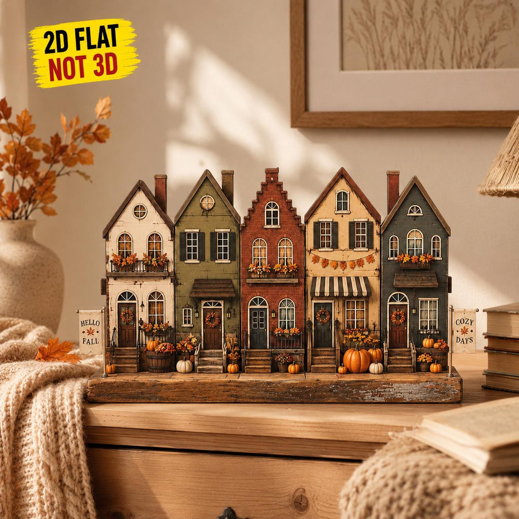 Personalized Fall Town Wooden Block, Autumn Village Decor, Custom Family Name Sign, Pumpkin Harvest Shelf Sitter Decor