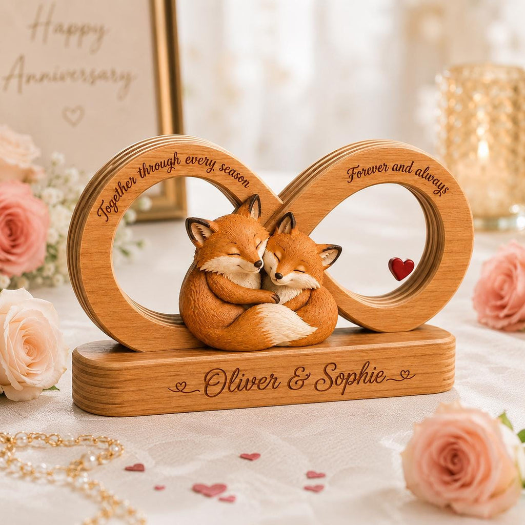 Personalized Fox Couple Gift, Infinity Wooden Sculpture, Custom Anniversary Decor, Romantic Wedding Keepsake, Love Desk Sign