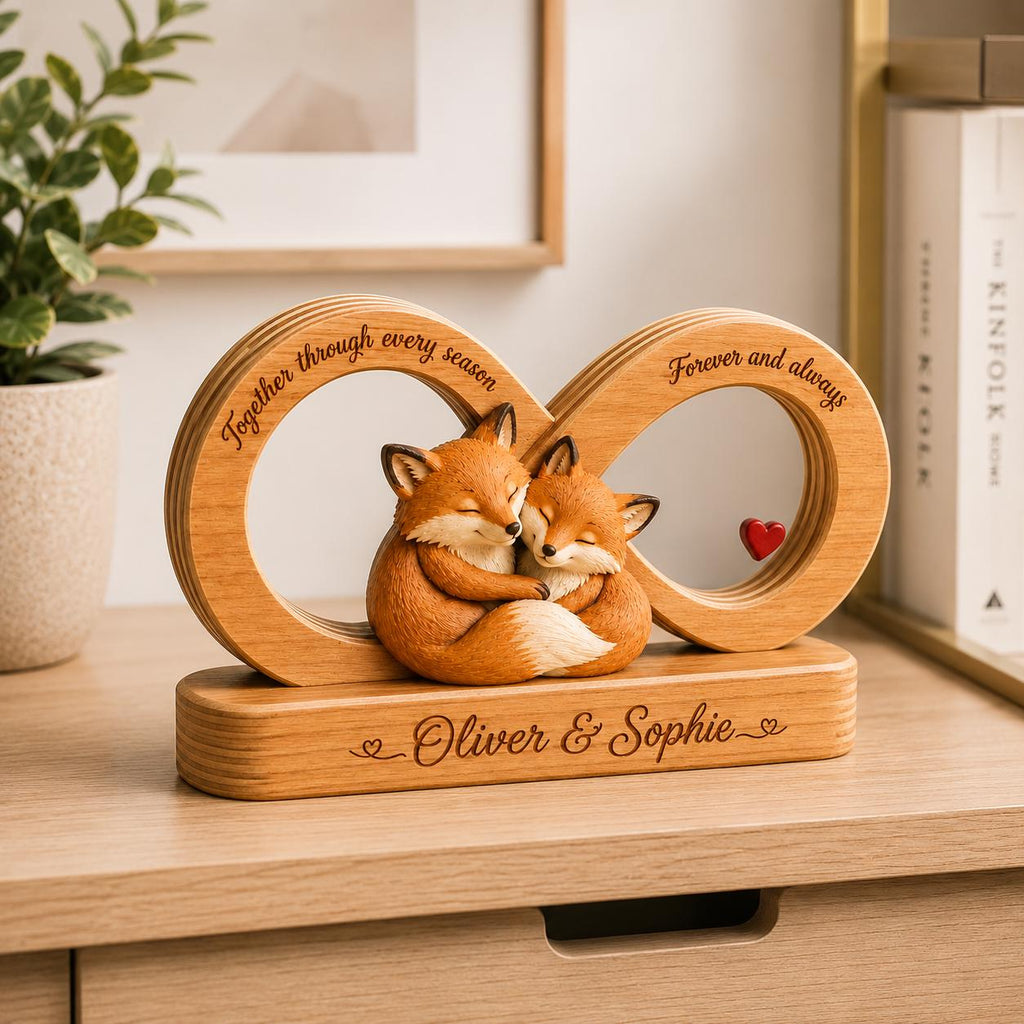 Personalized Fox Couple Gift, Infinity Wooden Sculpture, Custom Anniversary Decor, Romantic Wedding Keepsake, Love Desk Sign