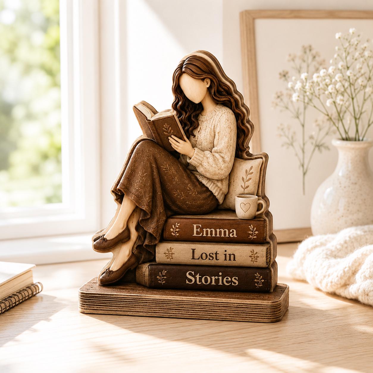 Personalized Reading Girl Wooden Block, Custom Book Lover Shelf Decor, Cozy Library Gift, Lost In Stories Reader Sign, Name Keepsake