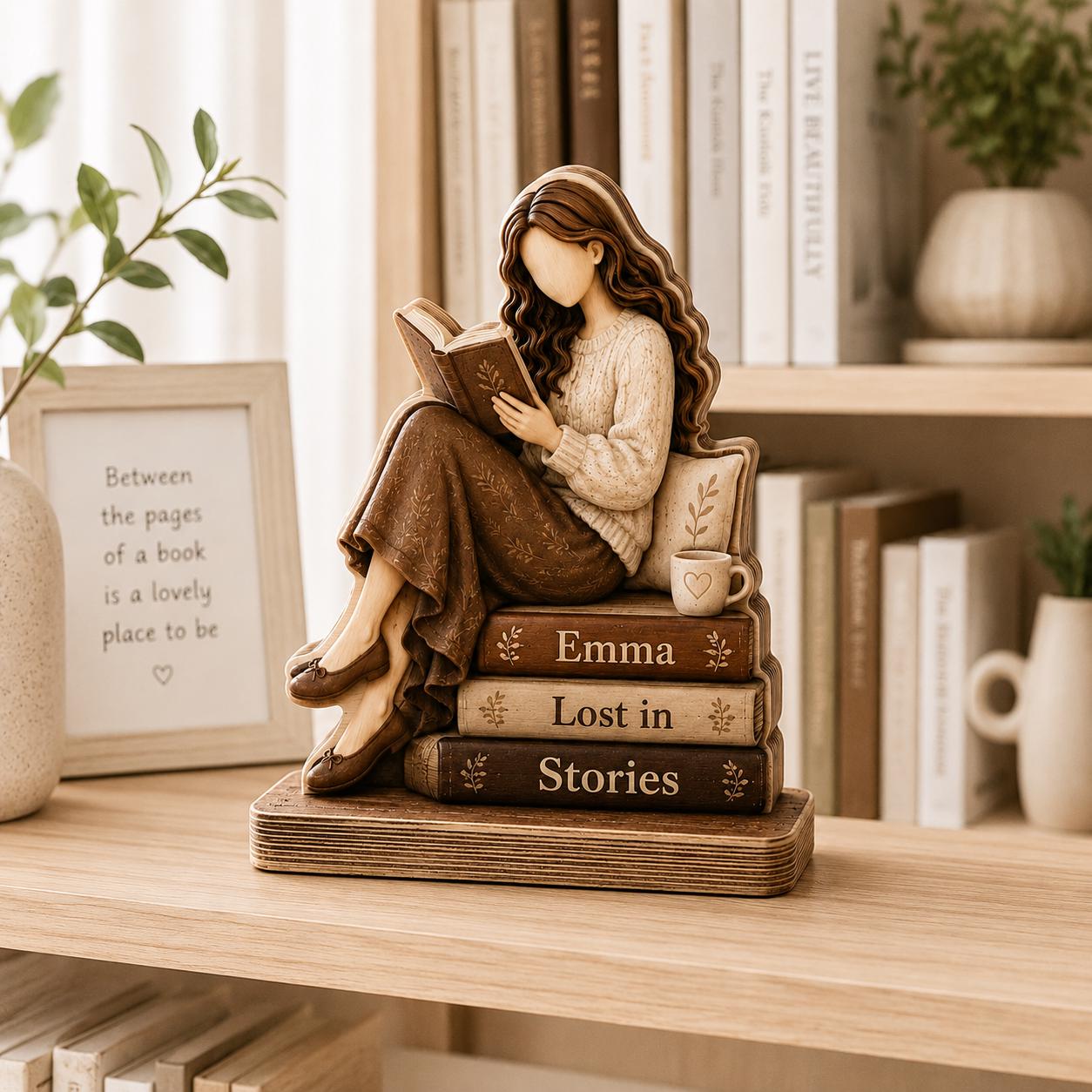 Personalized Reading Girl Wooden Block, Custom Book Lover Shelf Decor, Cozy Library Gift, Lost In Stories Reader Sign, Name Keepsake