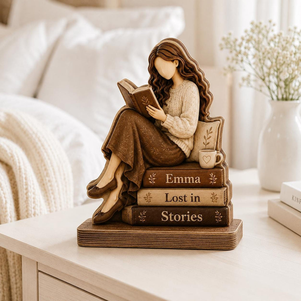 Personalized Reading Girl Wooden Block, Custom Book Lover Shelf Decor, Cozy Library Gift, Lost In Stories Reader Sign, Name Keepsake