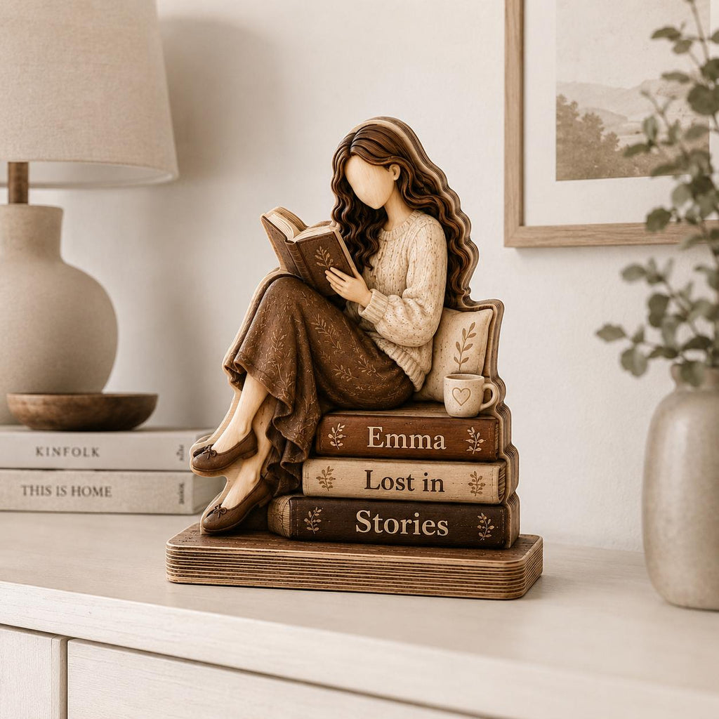 Personalized Reading Girl Wooden Block, Custom Book Lover Shelf Decor, Cozy Library Gift, Lost In Stories Reader Sign, Name Keepsake