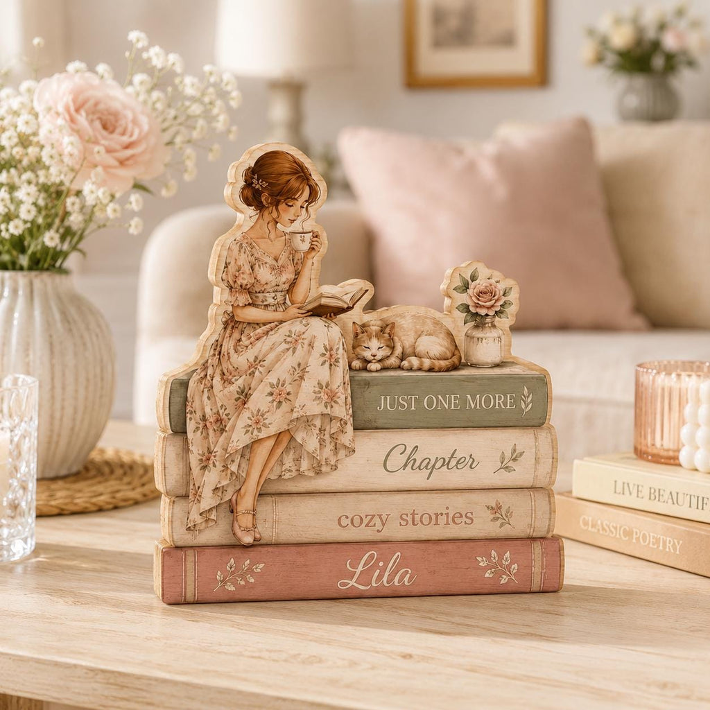 Personalized Reading Girl Wooden Block, Custom Book Lover Gift, Cozy Library Shelf Sitter, Floral Reader Desk Decor, Name Sign