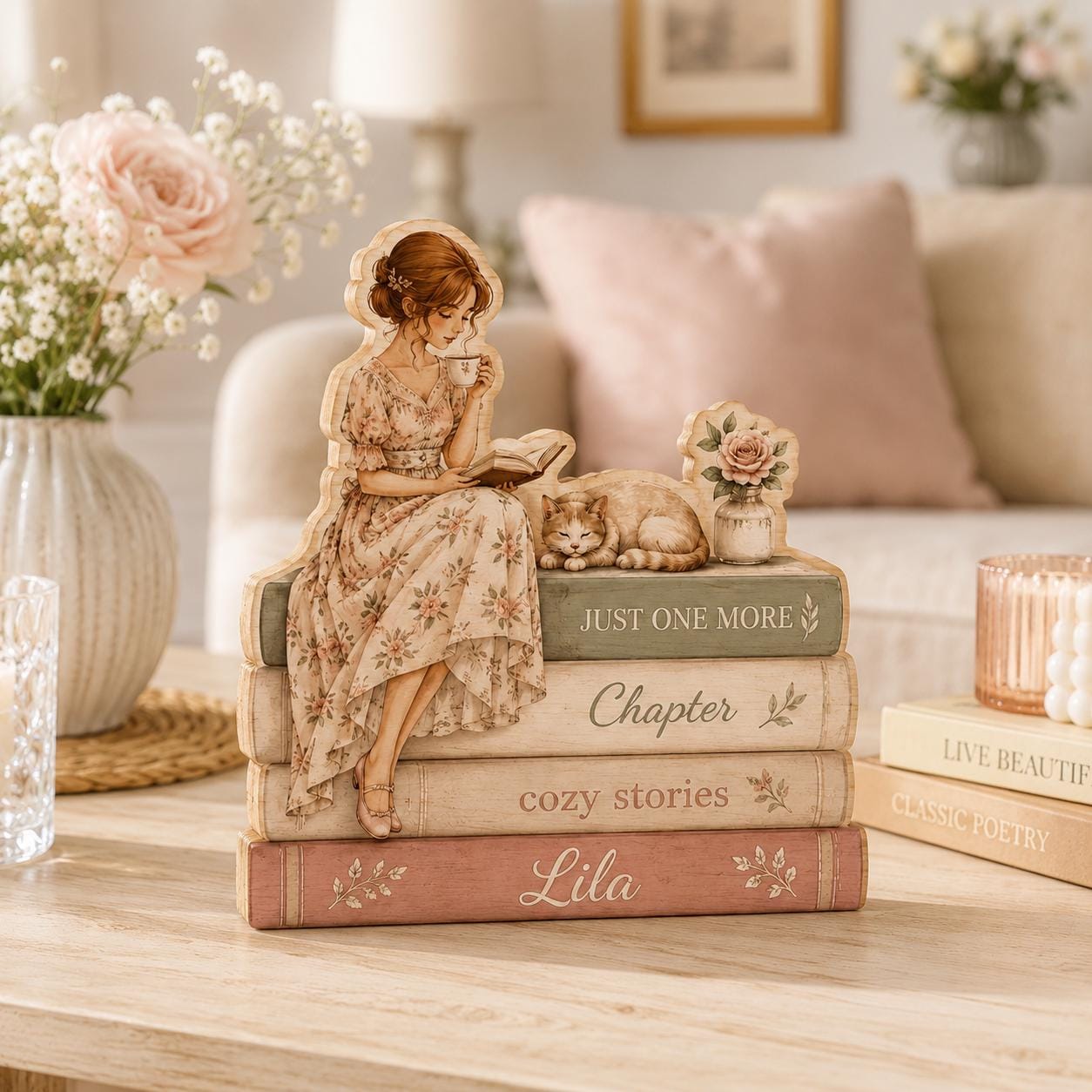 Personalized Reading Girl Wooden Block, Custom Book Lover Gift, Cozy Library Shelf Sitter, Floral Reader Desk Decor, Name Sign