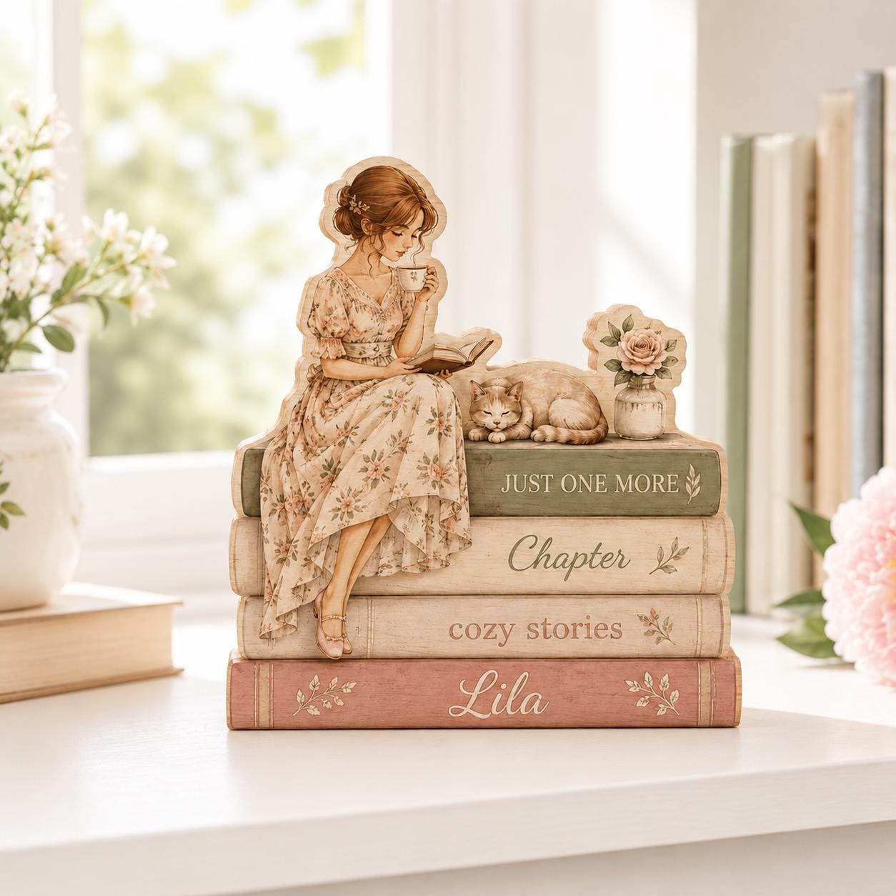 Personalized Reading Girl Wooden Block, Custom Book Lover Gift, Cozy Library Shelf Sitter, Floral Reader Desk Decor, Name Sign