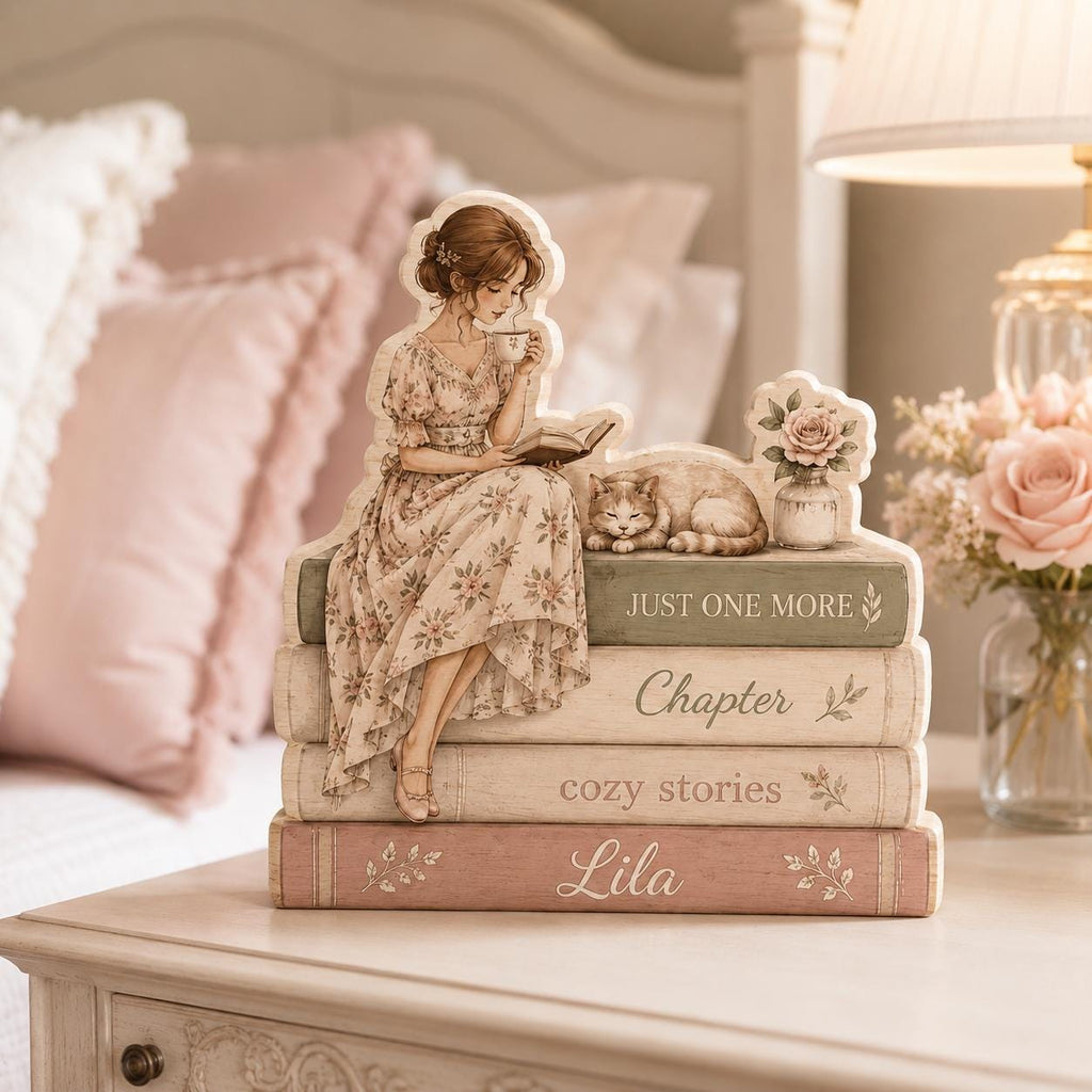 Personalized Reading Girl Wooden Block, Custom Book Lover Gift, Cozy Library Shelf Sitter, Floral Reader Desk Decor, Name Sign