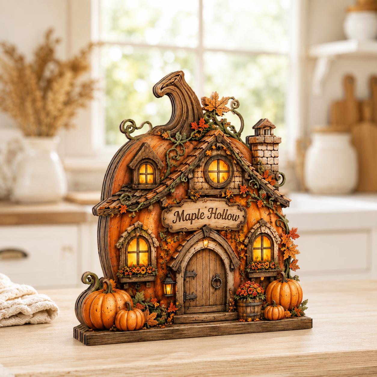 Personalized Pumpkin House Wooden Block, Autumn Fall Decor, Rustic Harvest Cottage Sign