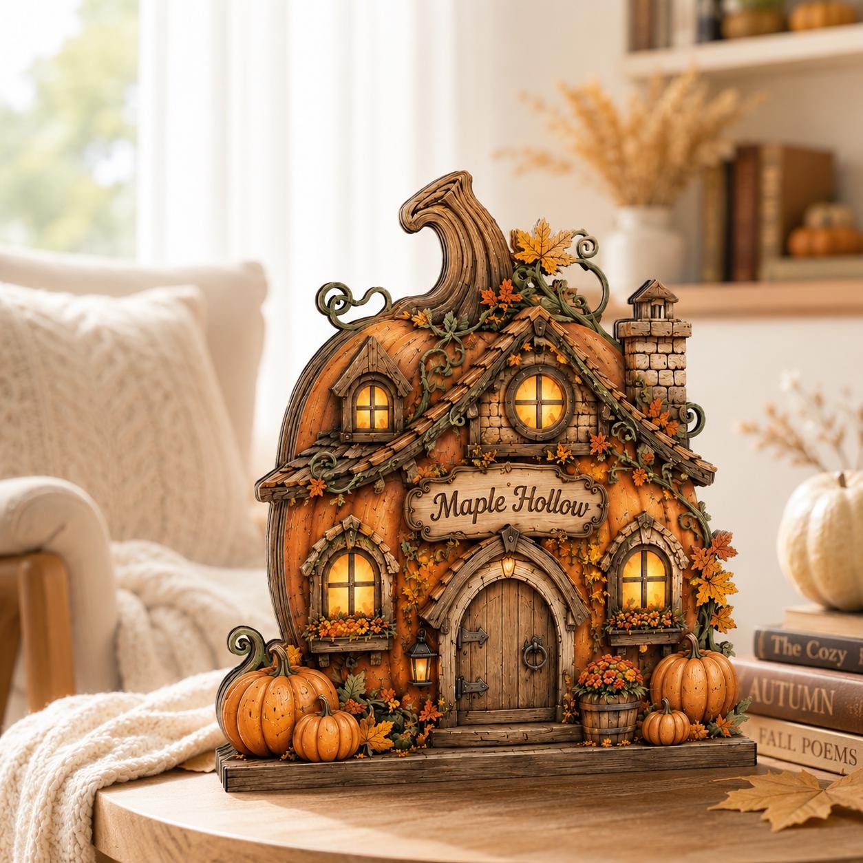 Personalized Pumpkin House Wooden Block, Autumn Fall Decor, Rustic Harvest Cottage Sign