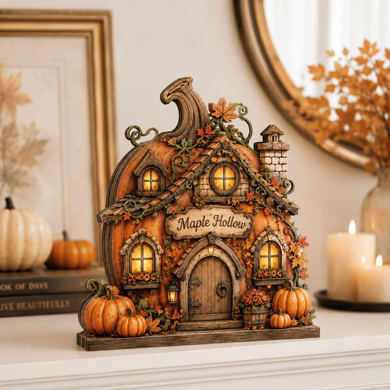 Personalized Pumpkin House Wooden Block, Autumn Fall Decor, Rustic Harvest Cottage Sign