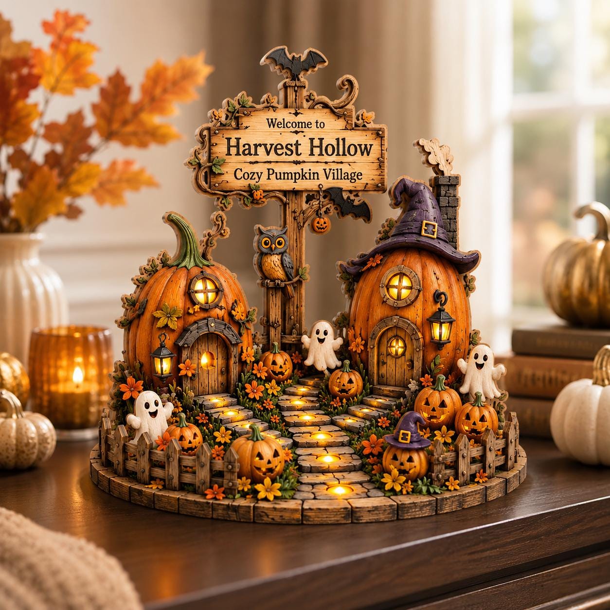 Halloween Pumpkin Village Wooden Block, Cozy Fall Harvest Decor, Spooky Cottage Shelf Display