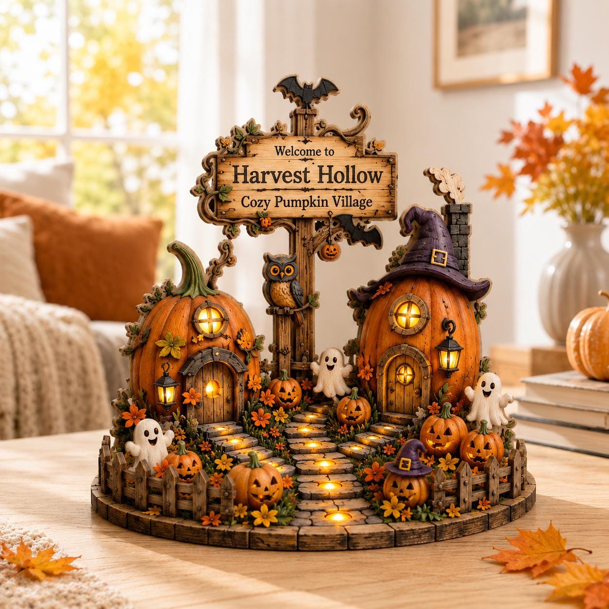 Halloween Pumpkin Village Wooden Block, Cozy Fall Harvest Decor, Spooky Cottage Shelf Display