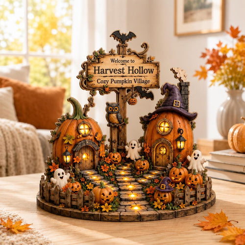 Halloween Pumpkin Village Wooden Block, Cozy Fall Harvest Decor, Spooky Cottage Shelf Display