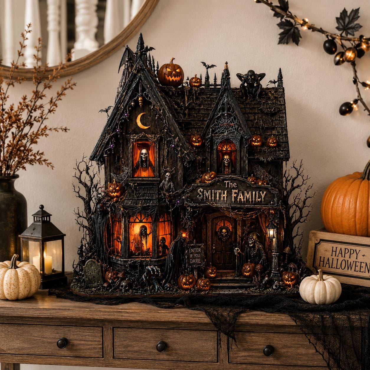 Personalized Haunted House Block, Gothic Spooky Halloween Decor, Family Shelf Decoration