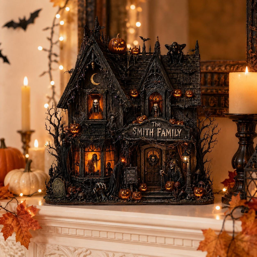 Personalized Haunted House Block, Gothic Spooky Halloween Decor, Family Shelf Decoration