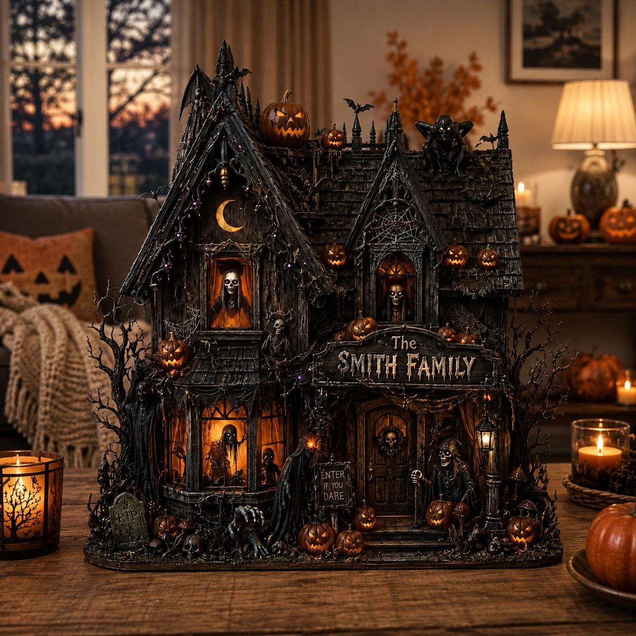 Personalized Haunted House Block, Gothic Spooky Halloween Decor, Family Shelf Decoration