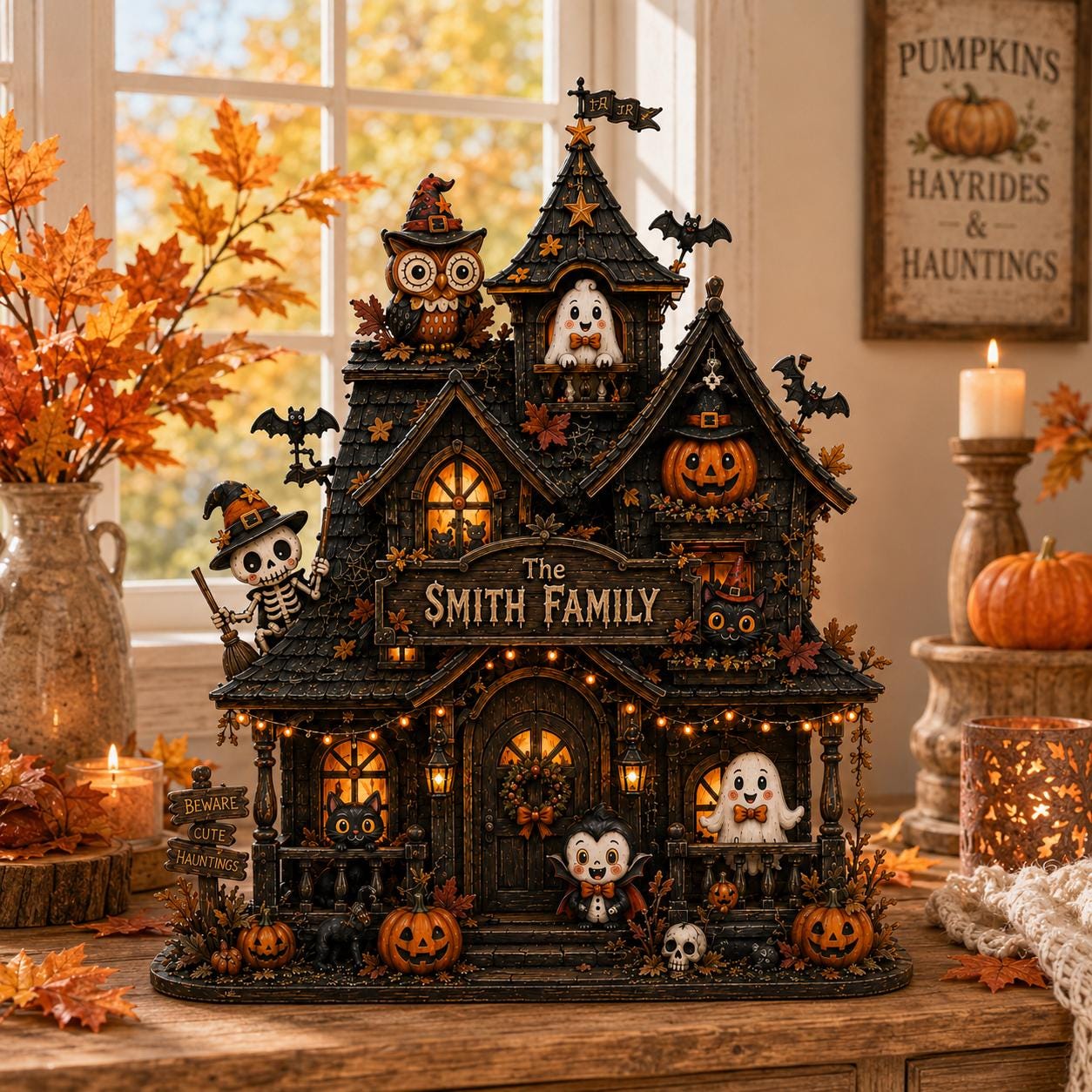 Personalized Haunted House Wooden Block, Custom Family Halloween Decor, Spooky Cottage Shelf Decor, Fall Gift