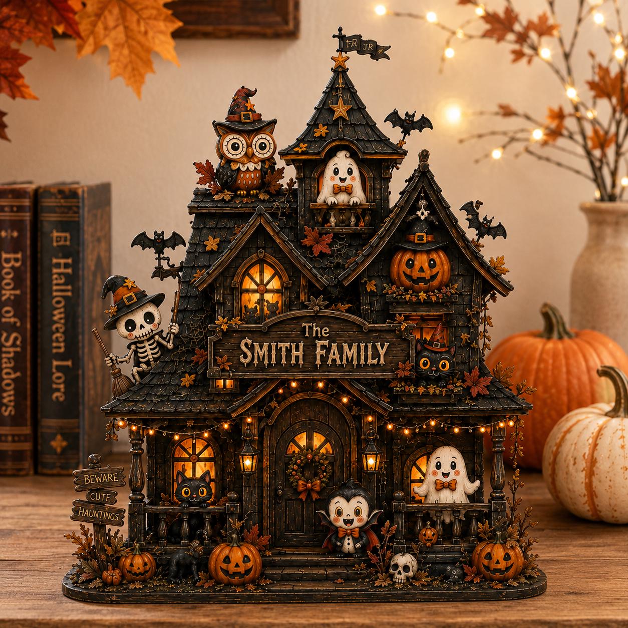 Personalized Haunted House Wooden Block, Custom Family Halloween Decor, Spooky Cottage Shelf Decor, Fall Gift