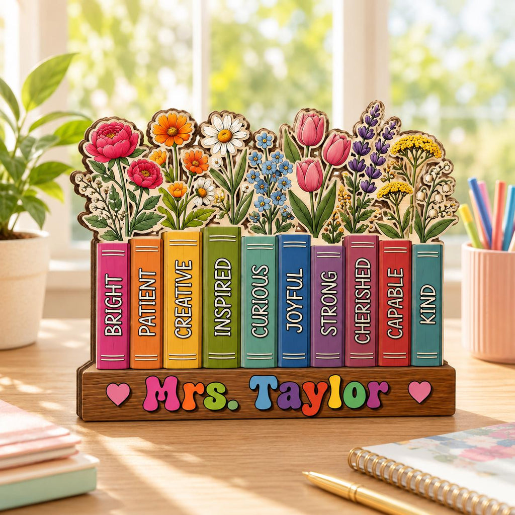 Personalized Teacher Wooden Block, Custom Teacher Desk Decor, Floral Book Stack Sign, Classroom Appreciation Gift, Back to School