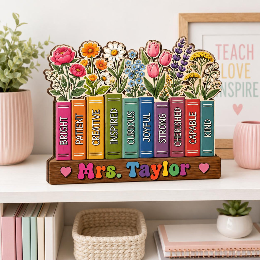 Personalized Teacher Wooden Block, Custom Teacher Desk Decor, Floral Book Stack Sign, Classroom Appreciation Gift, Back to School