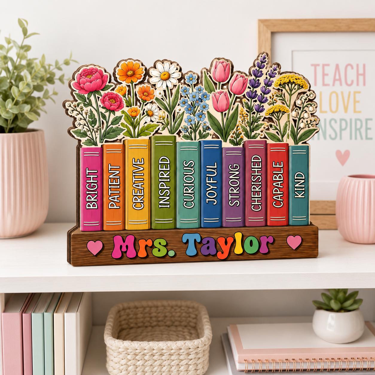 Personalized Teacher Wooden Block, Custom Teacher Desk Decor, Floral Book Stack Sign, Classroom Appreciation Gift, Back to School