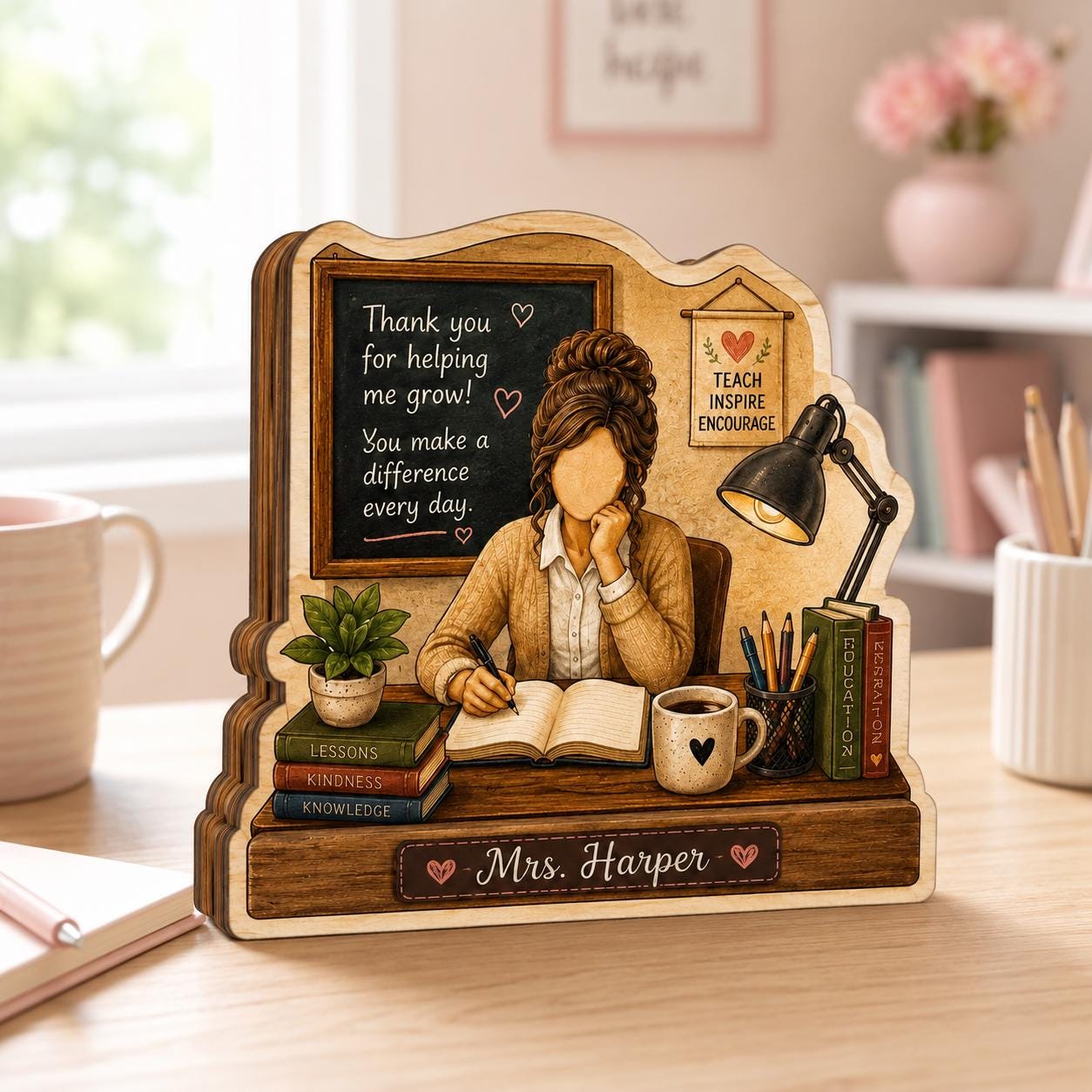 Personalized Teacher Wooden Desk Plaque, Custom Appreciation Keepsake, Classroom Name Decor