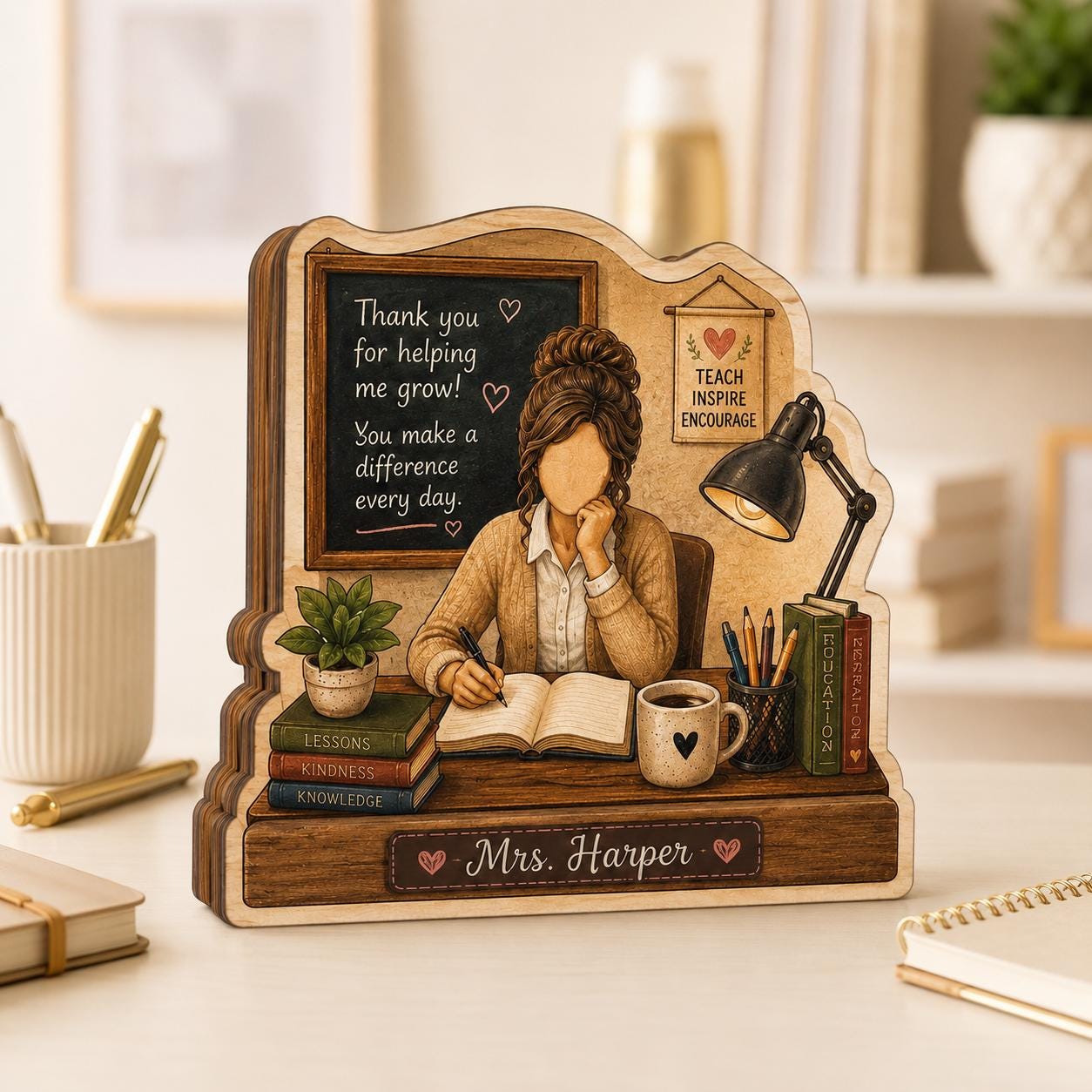 Personalized Teacher Wooden Desk Plaque, Custom Appreciation Keepsake, Classroom Name Decor