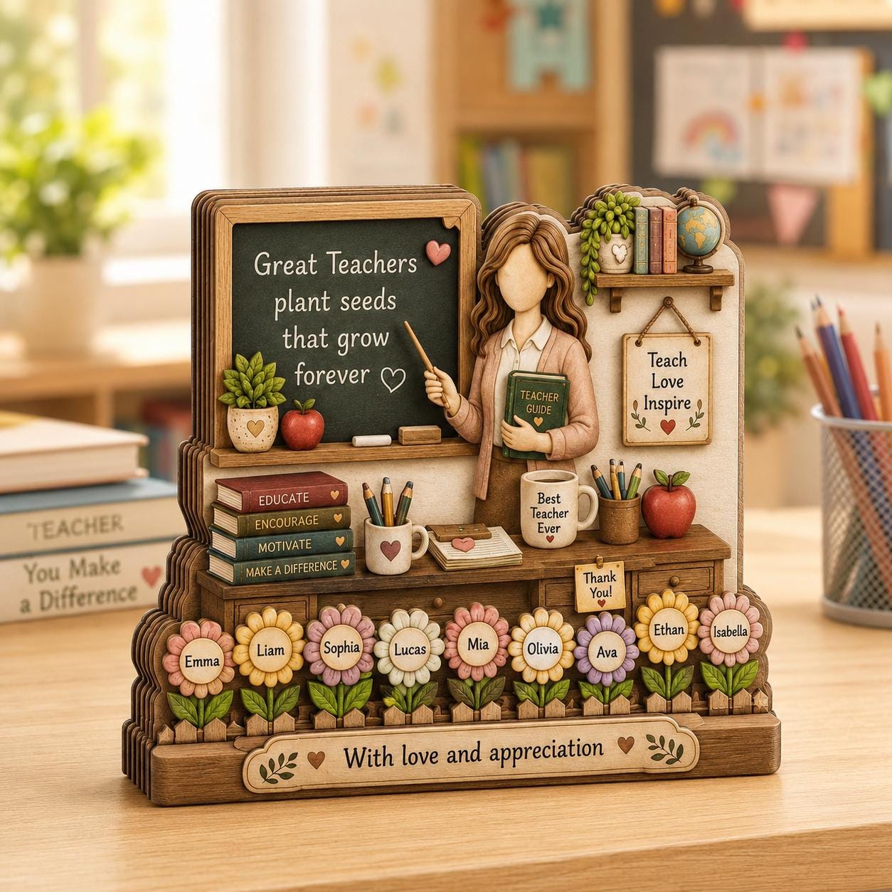 Personalized Teacher Wooden Block, Custom Classroom Keepsake, Desk Decor, End of Year Gift