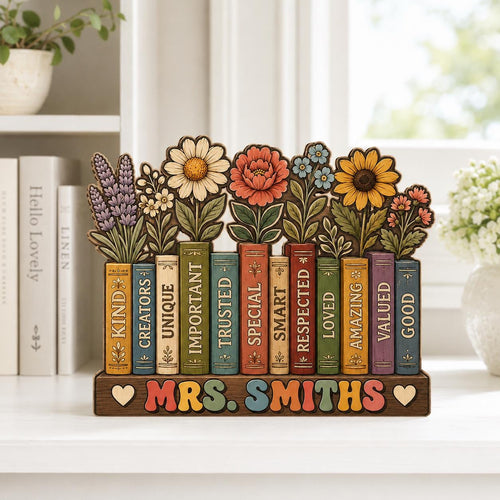 Custom Flowers Book Teacher Classroom Wooden Block,Floral Teacher Desk Decor,Personalized Teachers Name,Teacher Appreciation Gift,Wildflower