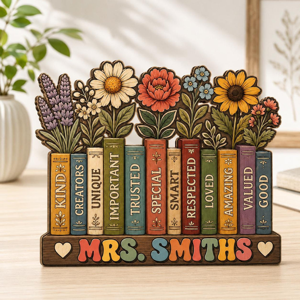 Custom Flowers Book Teacher Classroom Wooden Block,Floral Teacher Desk Decor,Personalized Teachers Name,Teacher Appreciation Gift,Wildflower