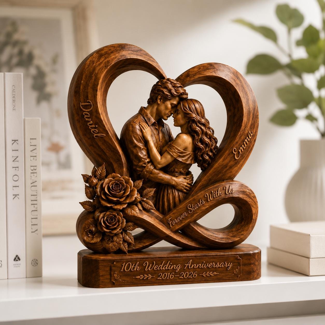 Personalized Couple Heart Sculpture, 10th Anniversary Wooden Keepsake, Romantic Memory Decor