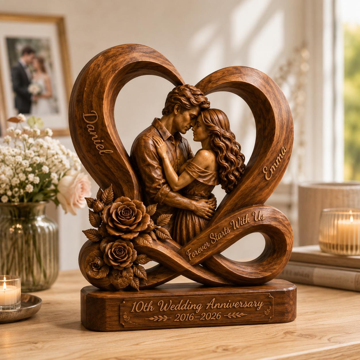 Personalized Couple Heart Sculpture, 10th Anniversary Wooden Keepsake, Romantic Memory Decor