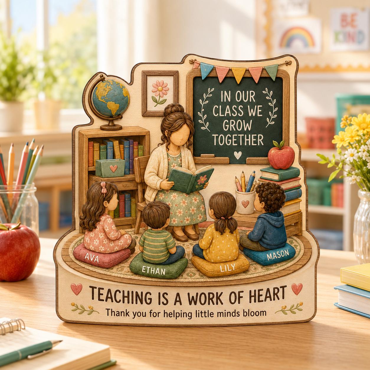 Personalized Teacher Wooden Block, Classroom Reading Scene Keepsake, Teacher Appreciation Gift