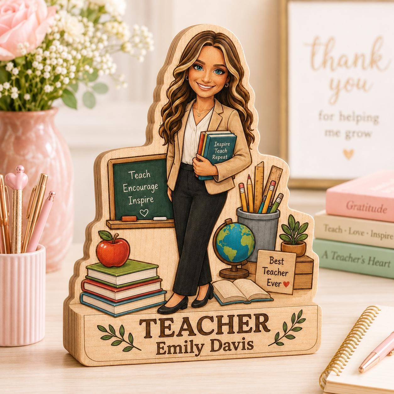 Personalized Teacher Wooden Block, Custom Photo Desk Decor, Appreciation Keepsake