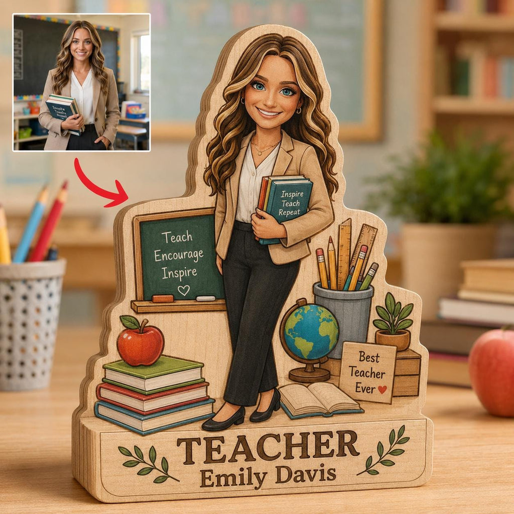 Personalized Teacher Wooden Block, Custom Photo Desk Decor, Appreciation Keepsake