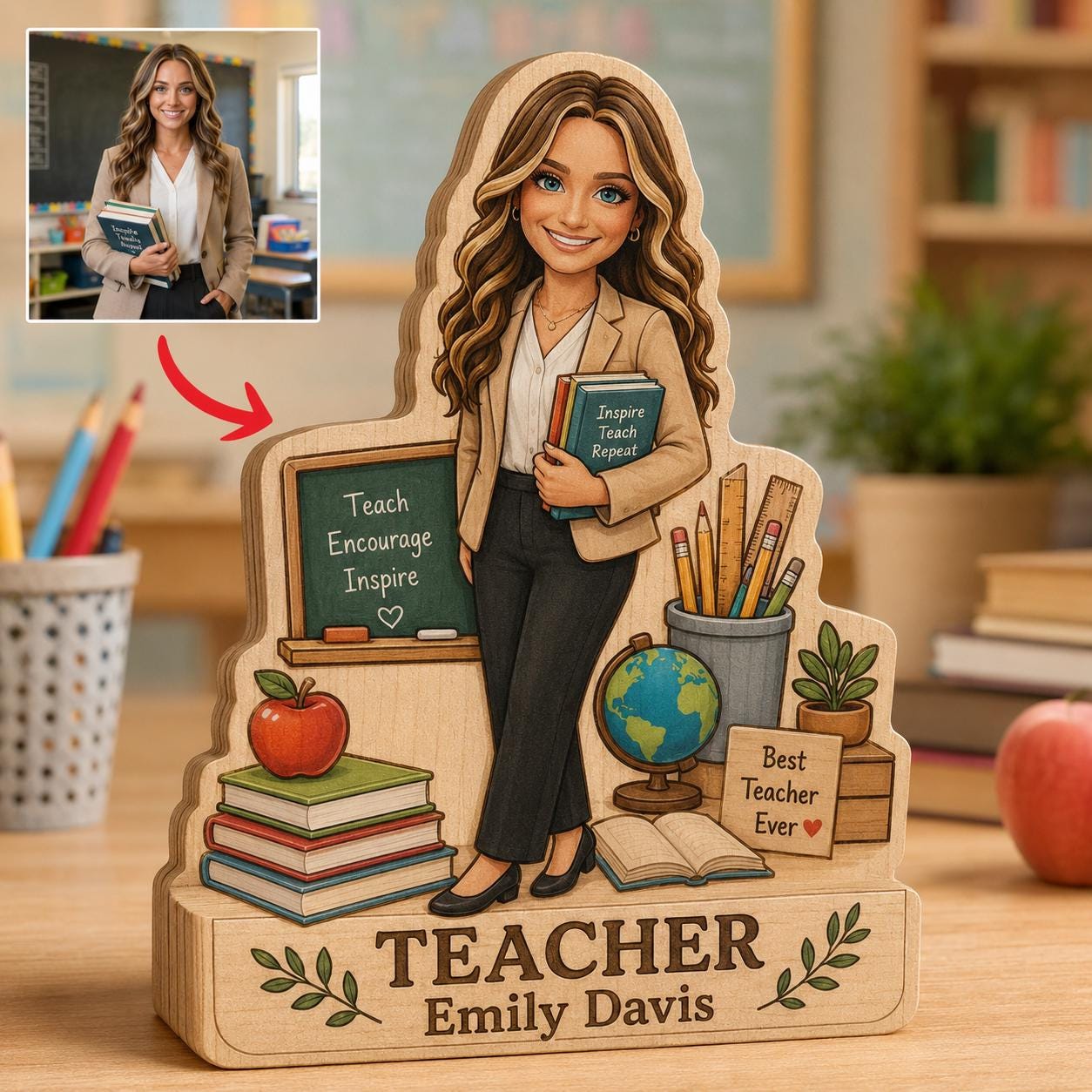 Personalized Teacher Wooden Block, Custom Photo Desk Decor, Appreciation Keepsake