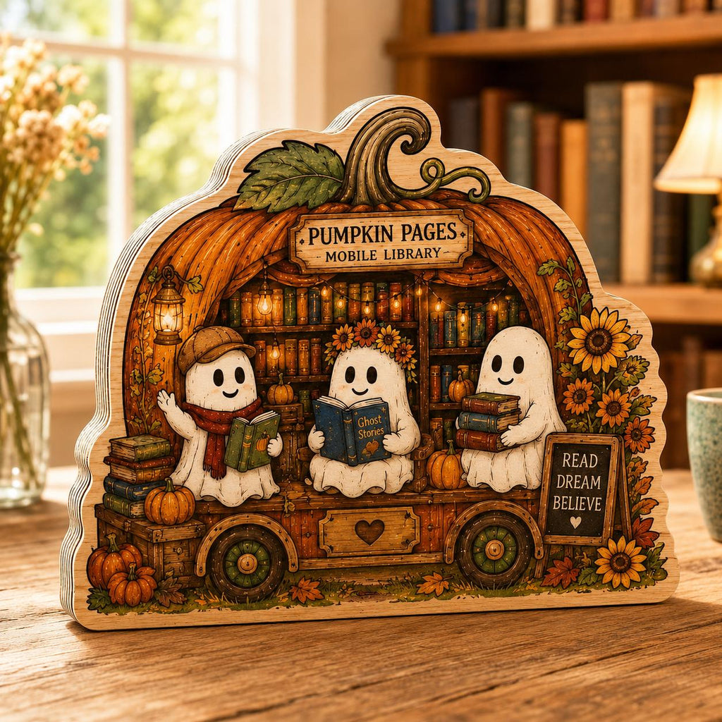Pumpkin Pages Wooden Block, Ghost Mobile Library Fall Decor, Cute Halloween Shelf Sitter, Book Lover Gift, Autumn Reading Nook Sign
