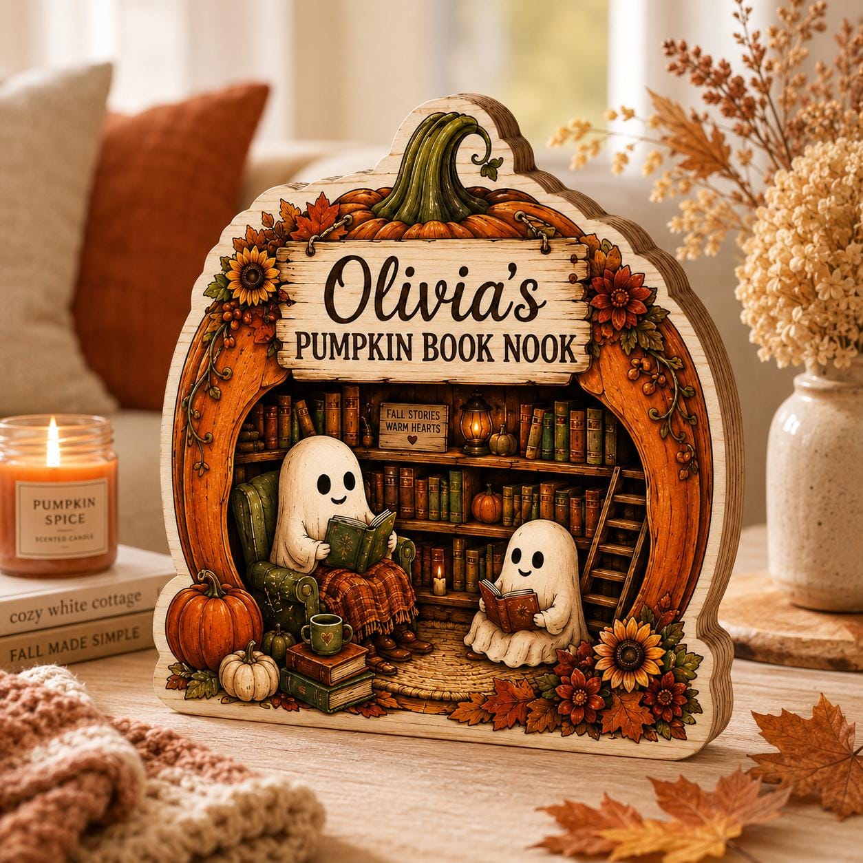 Personalized Pumpkin Book Nook: Halloween Ghost Reading Accent, Autumn Decor