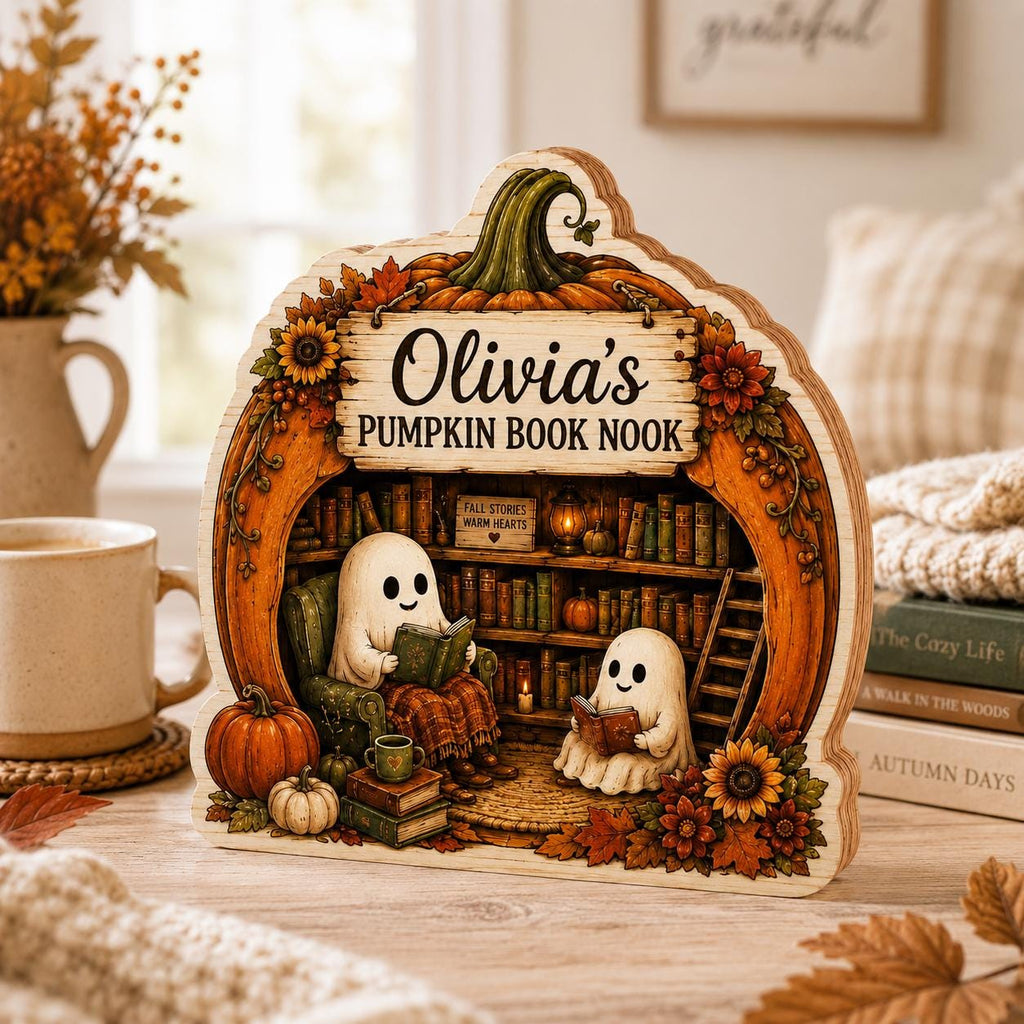 Personalized Pumpkin Book Nook: Halloween Ghost Reading Accent, Autumn Decor