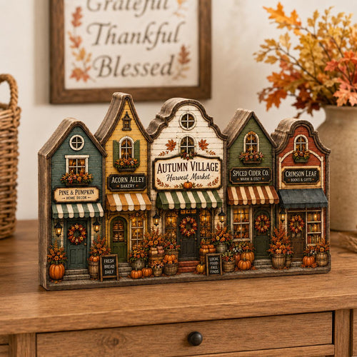 Autumn Village Wooden Block Decor, Fall Harvest Town Shelf Sitter, Rustic Pumpkin Home Decoration, Cozy Seasonal Mantel Display