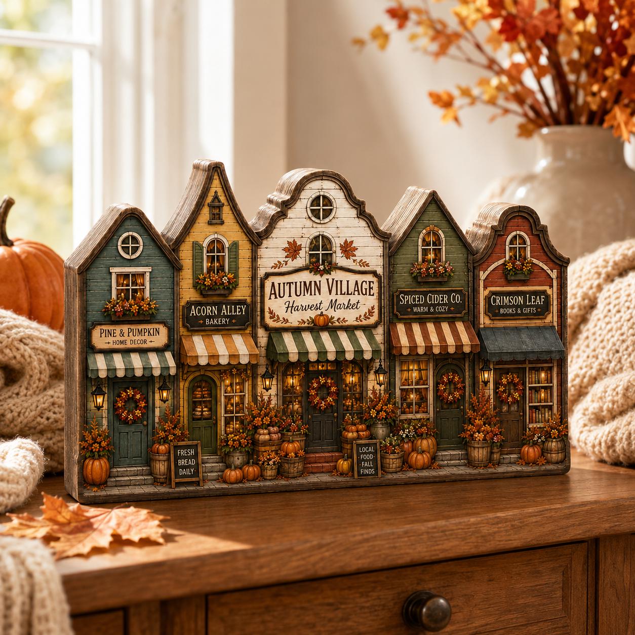 Autumn Village Wooden Block Decor, Fall Harvest Town Shelf Sitter, Rustic Pumpkin Home Decoration, Cozy Seasonal Mantel Display