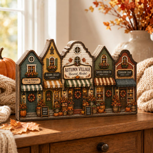 Autumn Village Wooden Block Decor, Fall Harvest Town Shelf Sitter, Rustic Pumpkin Home Decoration, Cozy Seasonal Mantel Display