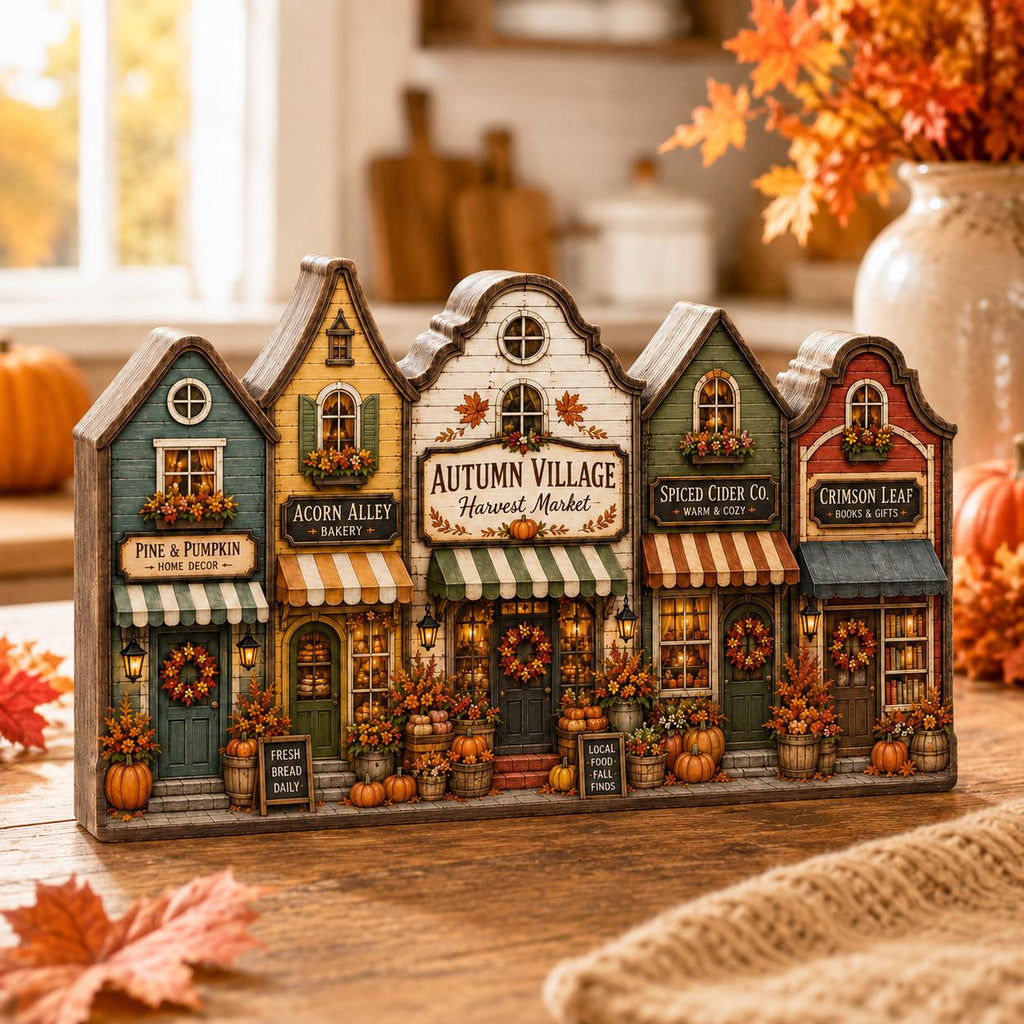Autumn Village Wooden Block Decor, Fall Harvest Town Shelf Sitter, Rustic Pumpkin Home Decoration, Cozy Seasonal Mantel Display
