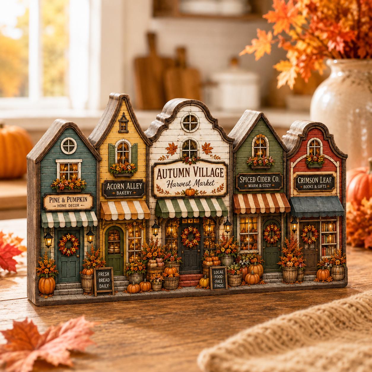 Autumn Village Wooden Block Decor, Fall Harvest Town Shelf Sitter, Rustic Pumpkin Home Decoration, Cozy Seasonal Mantel Display
