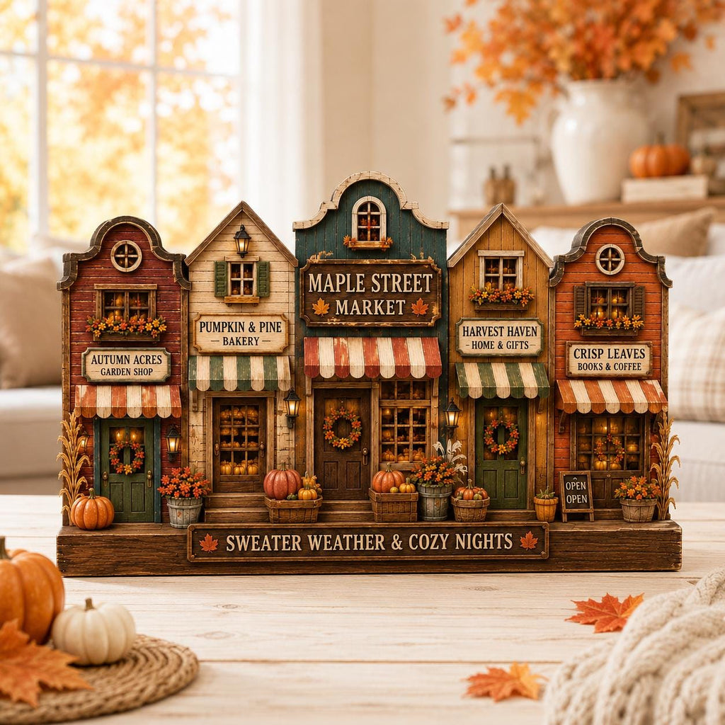 Autumn Village Wooden Block Decor, Cozy Fall Town Shelf Sitter, Rustic Pumpkin Harvest Mantel Decoration, Farmhouse Thanksgiving Gift