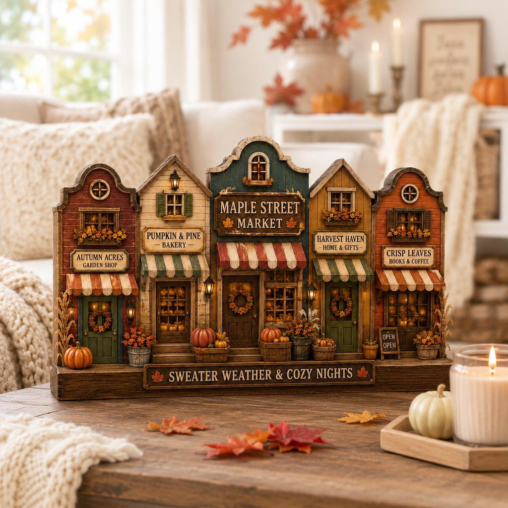 Autumn Village Wooden Block Decor, Cozy Fall Town Shelf Sitter, Rustic Pumpkin Harvest Mantel Decoration, Farmhouse Thanksgiving Gift