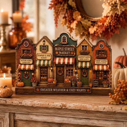Autumn Village Wooden Block Decor, Cozy Fall Town Shelf Sitter, Rustic Pumpkin Harvest Mantel Decoration, Farmhouse Thanksgiving Gift