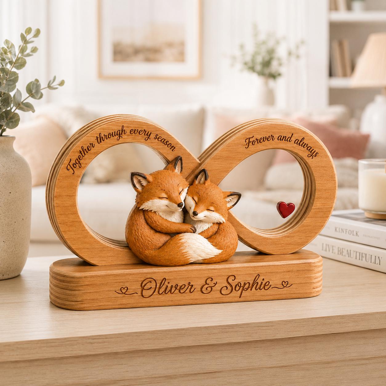 Personalized Fox Couple Gift, Infinity Wooden Sculpture, Custom Anniversary Decor, Romantic Wedding Keepsake, Love Desk Sign