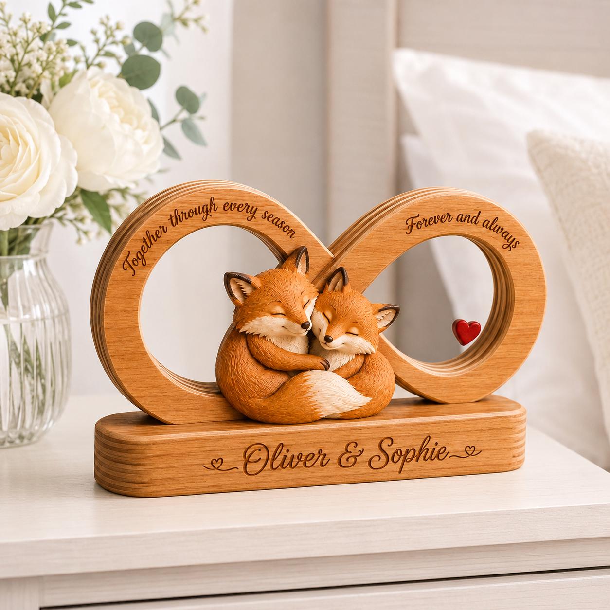 Personalized Fox Couple Gift, Infinity Wooden Sculpture, Custom Anniversary Decor, Romantic Wedding Keepsake, Love Desk Sign