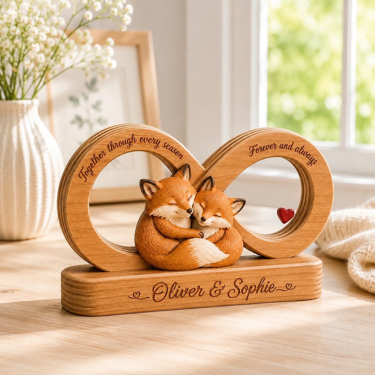 Personalized Fox Couple Gift, Infinity Wooden Sculpture, Custom Anniversary Decor, Romantic Wedding Keepsake, Love Desk Sign